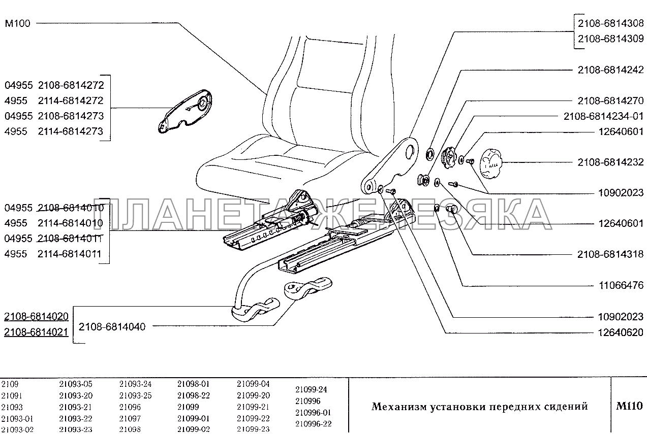 Механизм установки передних сидений ВАЗ-2109